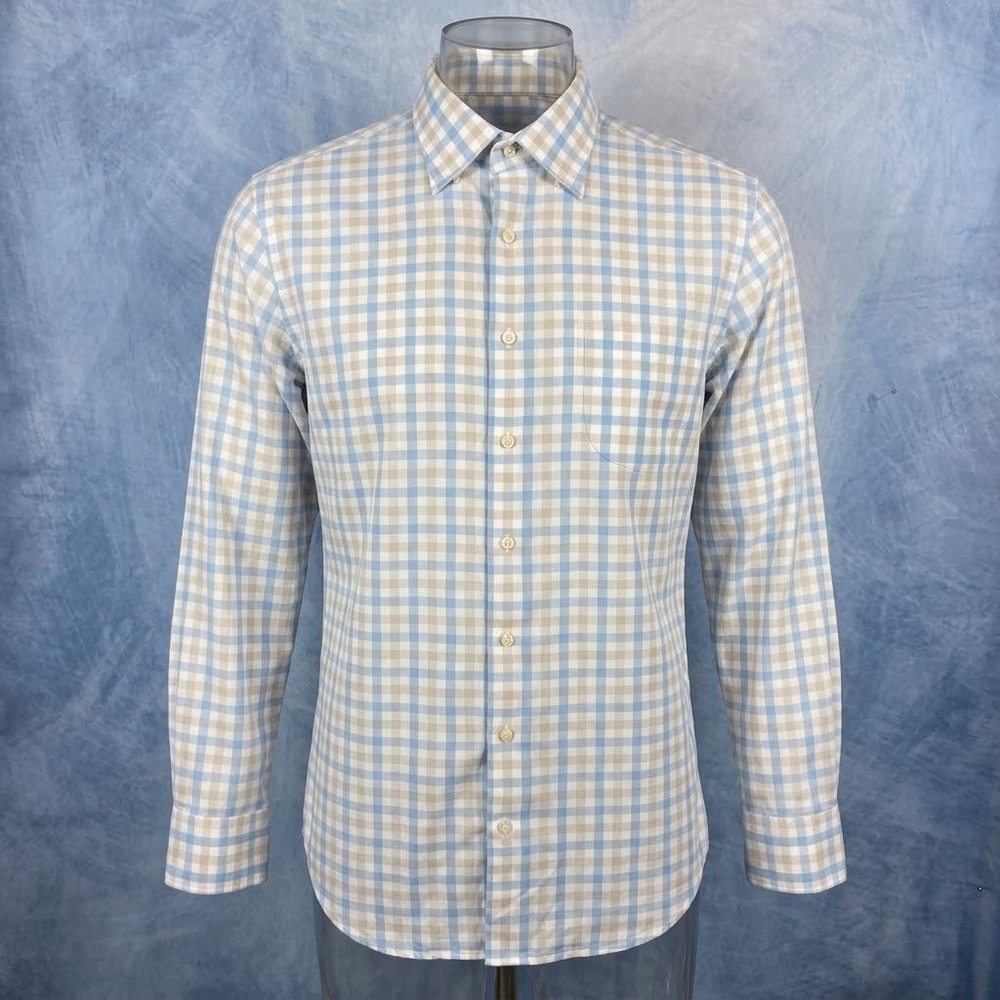 Peter Millar Mens Blue Tan Gingham Check Stretch Long Sleeve Button Down Shirt M
